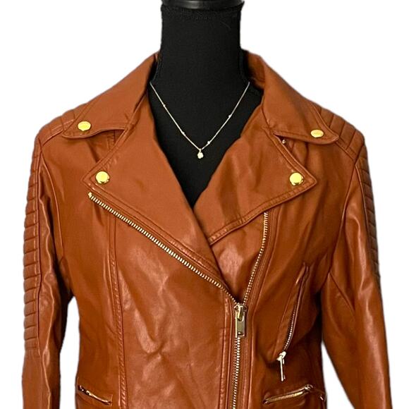 Love Tree Women's Medium Faux Leather Brown Fall Jacket Gold Zipper - Picture 2 of 12